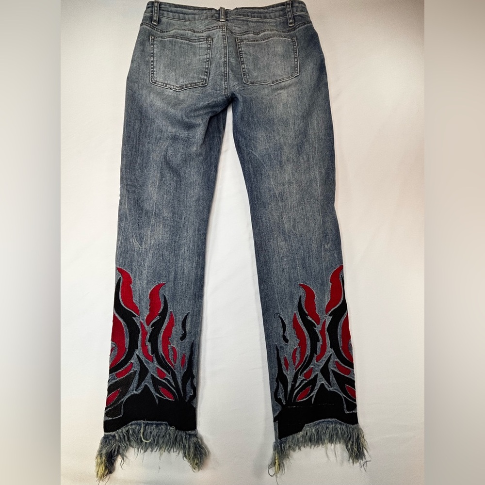 Women’s Distressed Flame Detail Jeans - Red/Black W146 - Picture 2 of 5